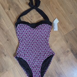 Lands' End Pink and Black Geometric Swimsuit